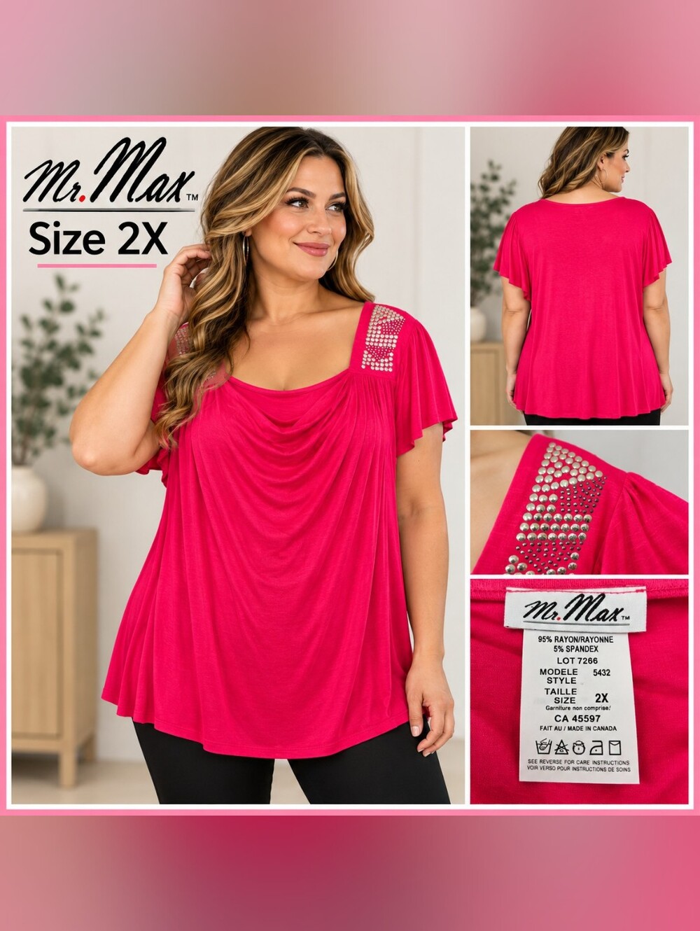 Mr. Max Size 2X Hot Pink Rhinestone Cowl Neck Flutter Sleeve Top